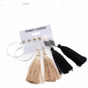 6-Pair Earrings Set With Tassels Hoops & Studs Gold & Black Tones For‎ Women